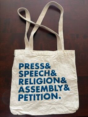 Canvas Rights Tote Bag in Natural with Blue Text